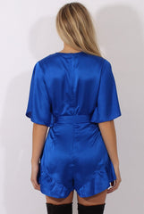 Blue Satin Plunge Flared Sleeve Tied Waist Playsuit - Crystal-Playsuits