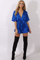 Blue Satin Plunge Flared Sleeve Tied Waist Playsuit - Crystal-Playsuits