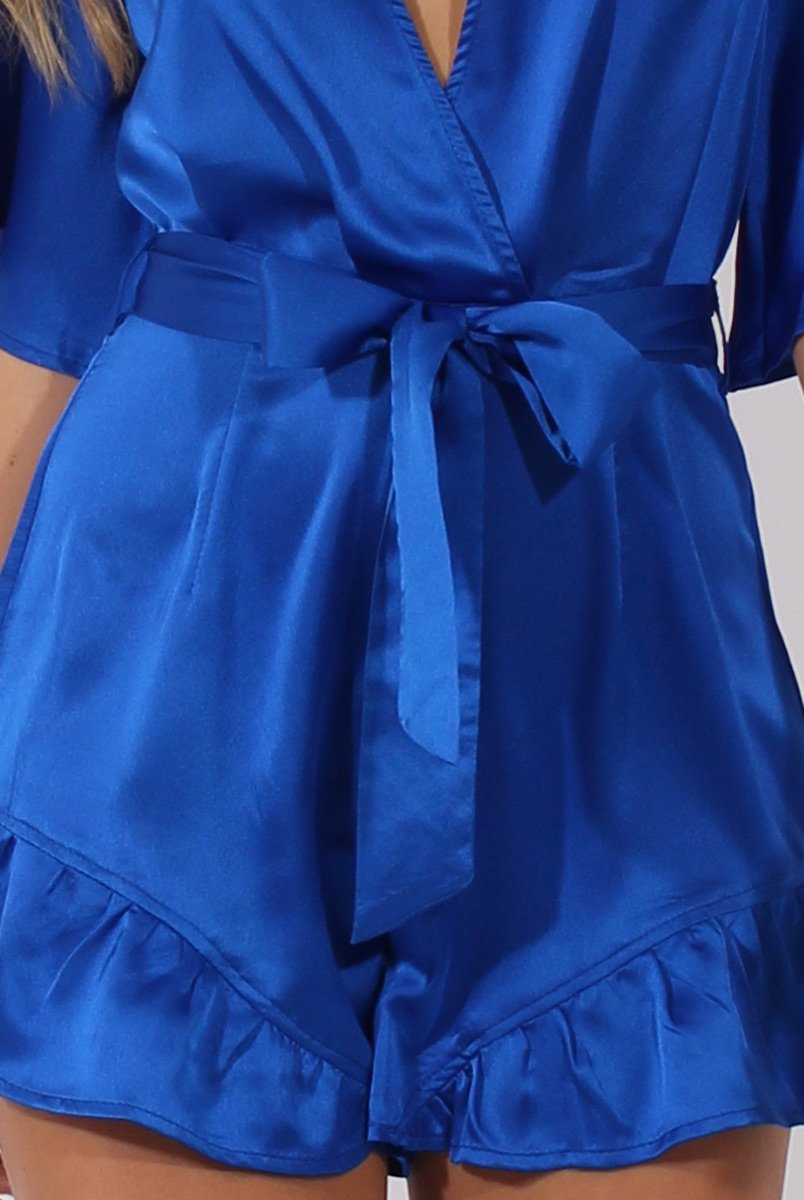 Blue Satin Plunge Flared Sleeve Tied Waist Playsuit - Crystal-Playsuits