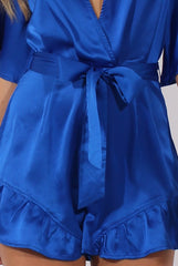 Blue Satin Plunge Flared Sleeve Tied Waist Playsuit - Crystal-Playsuits