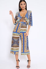 Blue Scarf Print Frill Cut Out Jumpsuit - Nikola-Jumpsuits