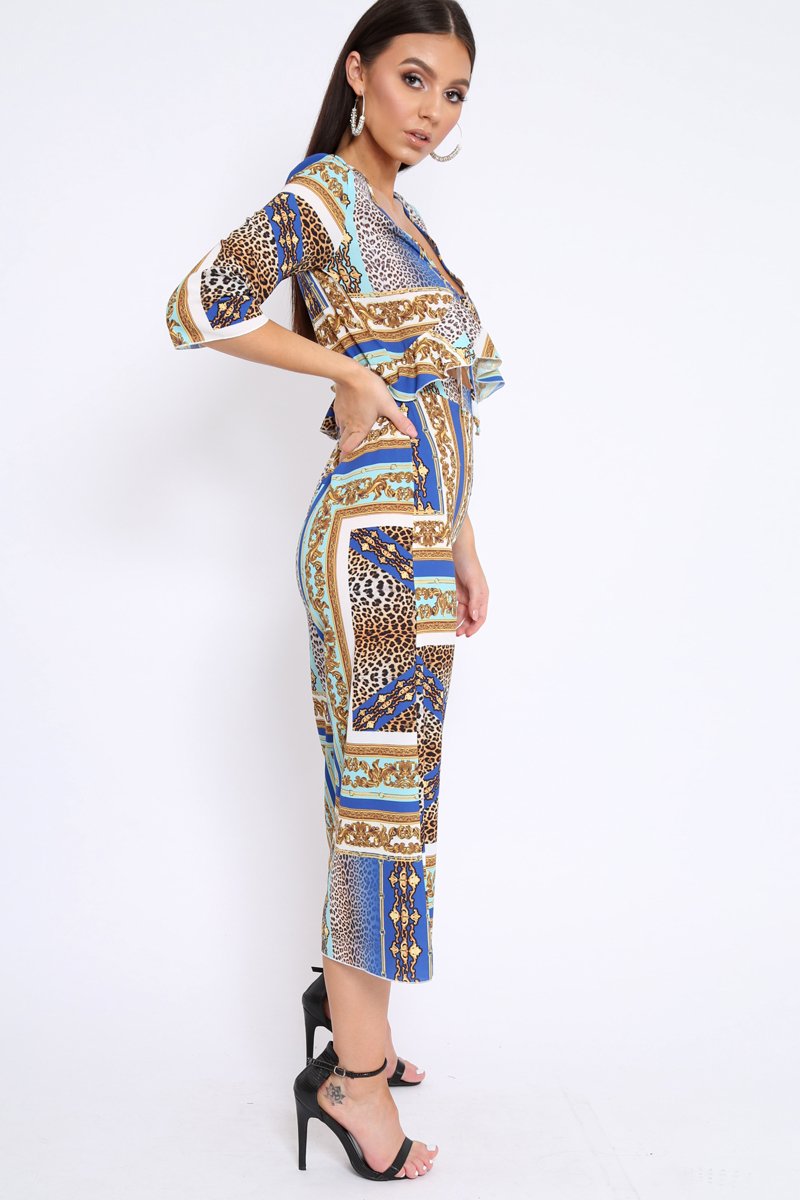 Blue Scarf Print Frill Cut Out Jumpsuit - Nikola-Jumpsuits