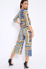 Blue Scarf Print Frill Cut Out Jumpsuit - Nikola-Jumpsuits