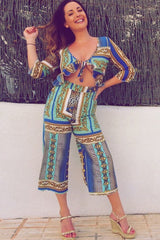 Blue Scarf Print Frill Cut Out Jumpsuit - Nikola-Jumpsuits