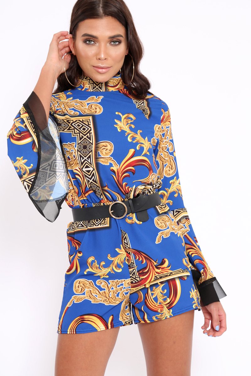 Blue Scarf Print Open Back Playsuit - Cassia-Playsuits
