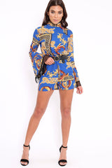 Blue Scarf Print Open Back Playsuit - Cassia-Playsuits