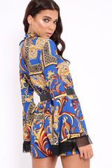 Blue Scarf Print Open Back Playsuit - Cassia-Playsuits