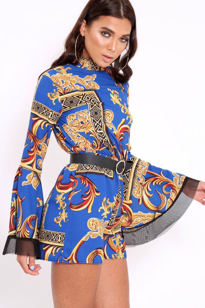 Blue Scarf Print Open Back Playsuit - Cassia-Playsuits
