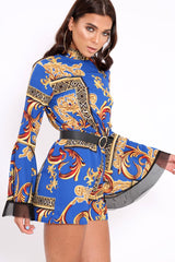 Blue Scarf Print Open Back Playsuit - Cassia-Playsuits