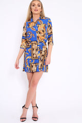 Blue Scarf Print Shirt Dress - Kyah-Dresses
