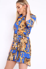Blue Scarf Print Shirt Dress - Kyah-Dresses