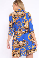 Blue Scarf Print Shirt Dress - Kyah-Dresses