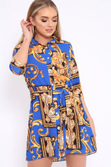 Blue Scarf Print Shirt Dress - Kyah-Dresses