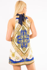 Blue Scarf Print Sleeveless Tie Back Swing Dress - Jessey-Dresses