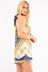 Blue Scarf Print Sleeveless Tie Back Swing Dress - Jessey-Dresses