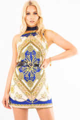 Blue Scarf Print Sleeveless Tie Back Swing Dress - Jessey-Dresses