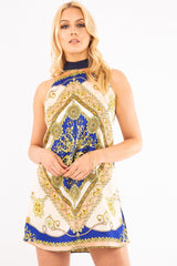 Blue Scarf Print Sleeveless Tie Back Swing Dress - Jessey-Dresses