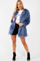 Blue Shaggy Faux Fur Coat - Evalina-Coats