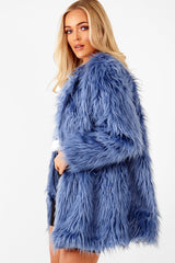 Blue Shaggy Faux Fur Coat - Evalina-Coats
