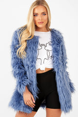 Blue Shaggy Faux Fur Coat - Evalina-Coats