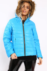 Blue Shiny Puffer Coat with Fur Hood - Idy-Coats