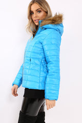 Blue Shiny Puffer Coat with Fur Hood - Idy-Coats