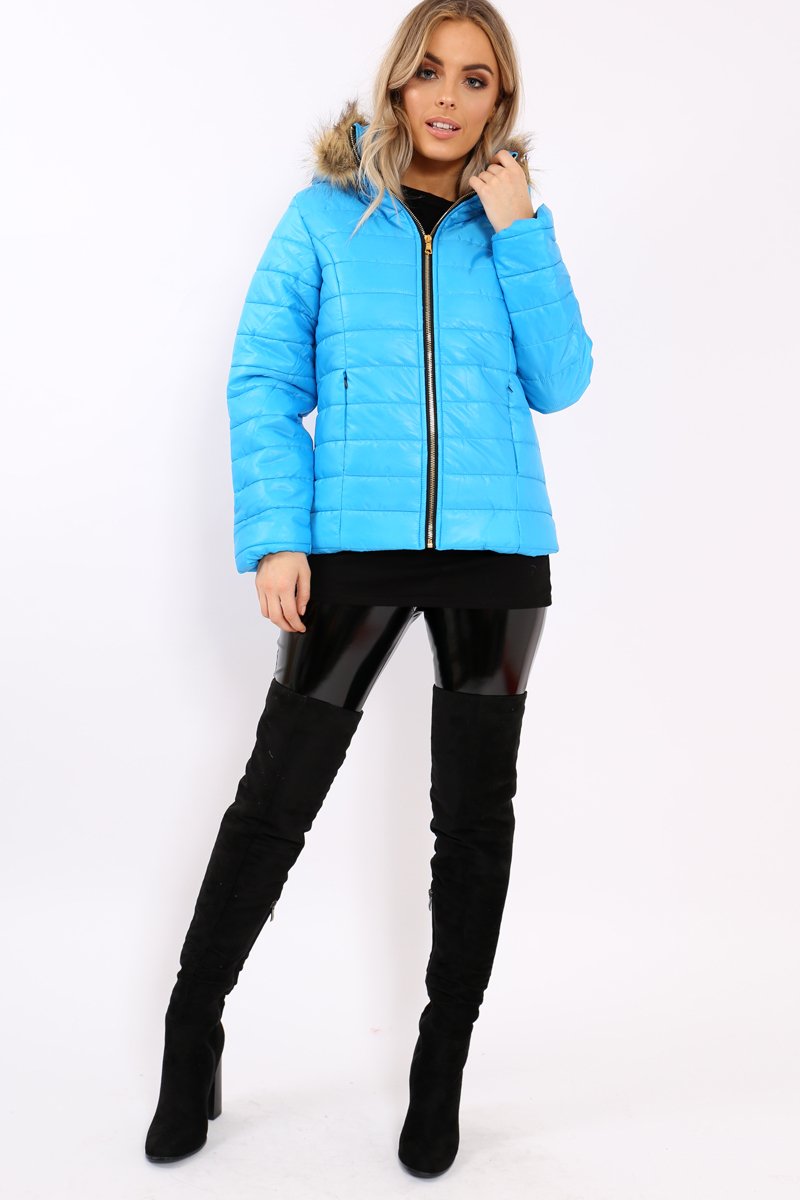 Blue Shiny Puffer Coat with Fur Hood - Idy-Coats