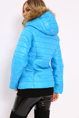 Blue Shiny Puffer Coat with Fur Hood - Idy-Coats