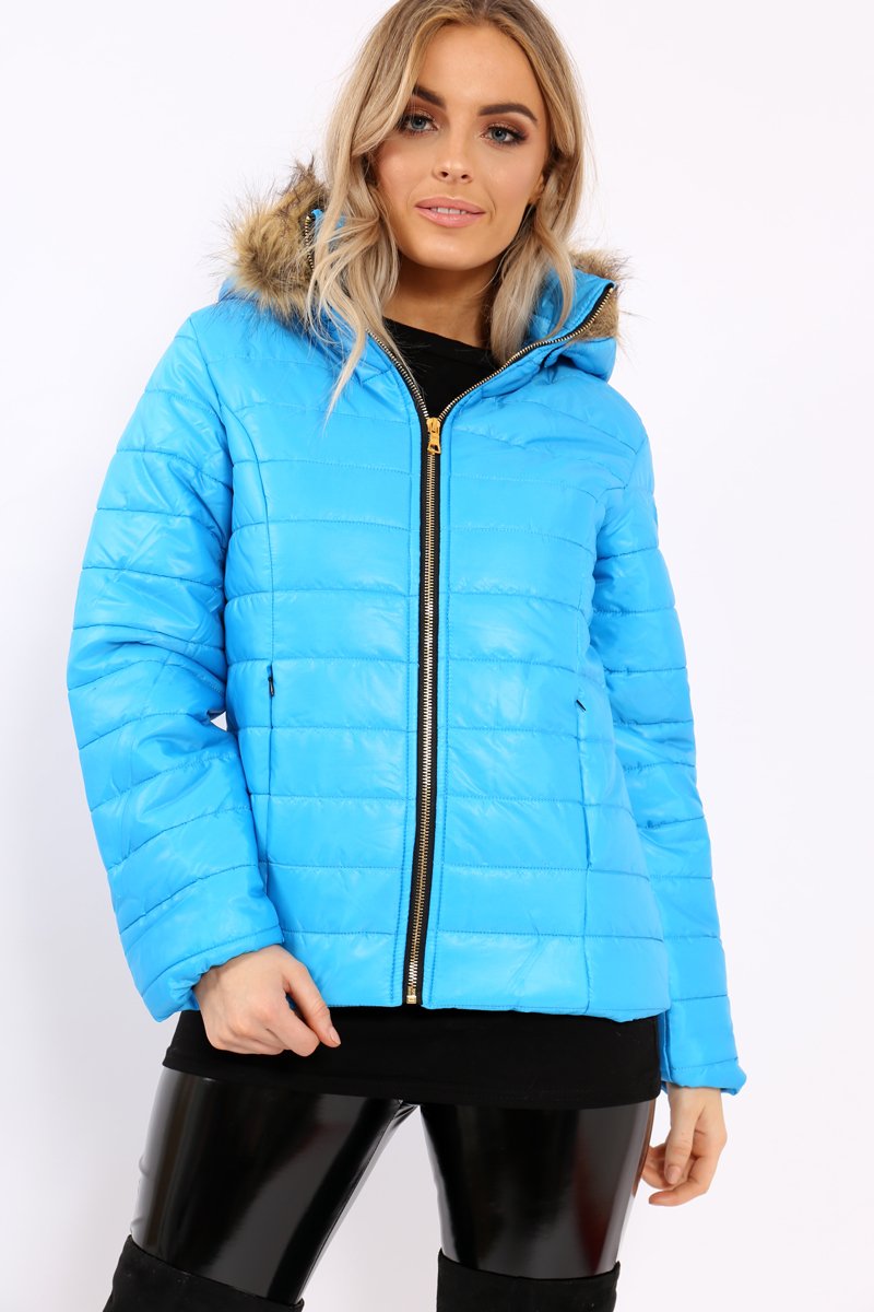 Blue Shiny Puffer Coat with Fur Hood - Idy-Coats