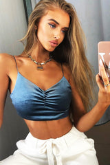 Blue Shiny Velvet Cami Crop Top - Cali-Crop Tops