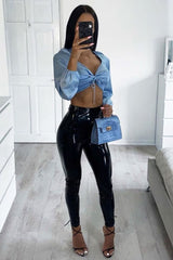 Blue Shirred Long Sleeve Strap Back Detail Crop Top -Traniyah-Crop Tops