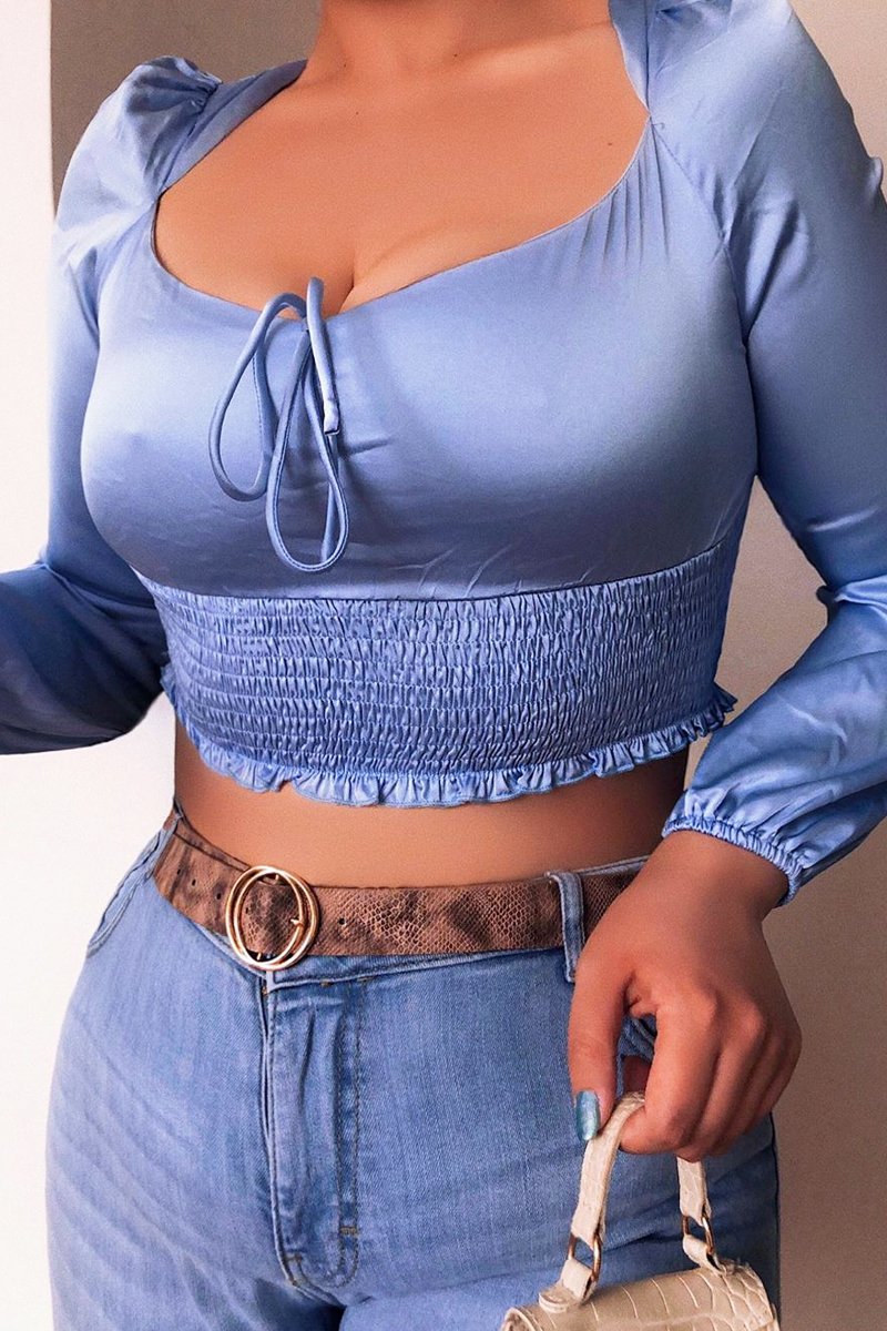 Blue Shirred Long Sleeve Strap Back Detail Crop Top -Traniyah-Crop Tops