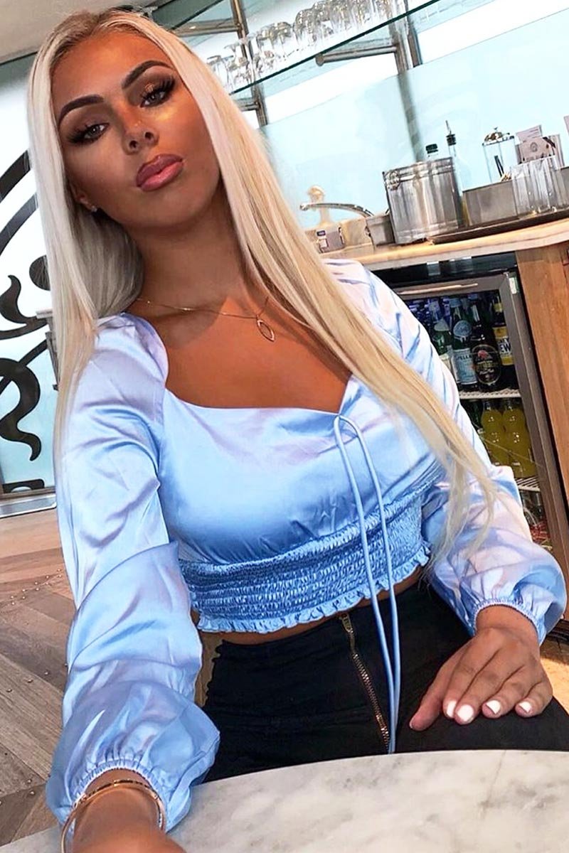 Blue Shirred Long Sleeve Strap Back Detail Crop Top -Traniyah-Crop Tops