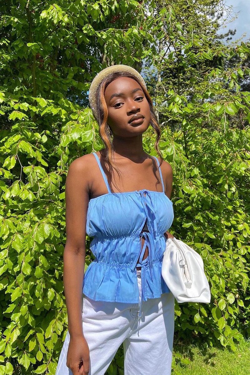 Blue Shirred Tie Front Top - Jadalee-Tops