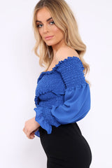 Blue Shirred Wrap Over Bardot Crop Top - Zuri-Crop Tops