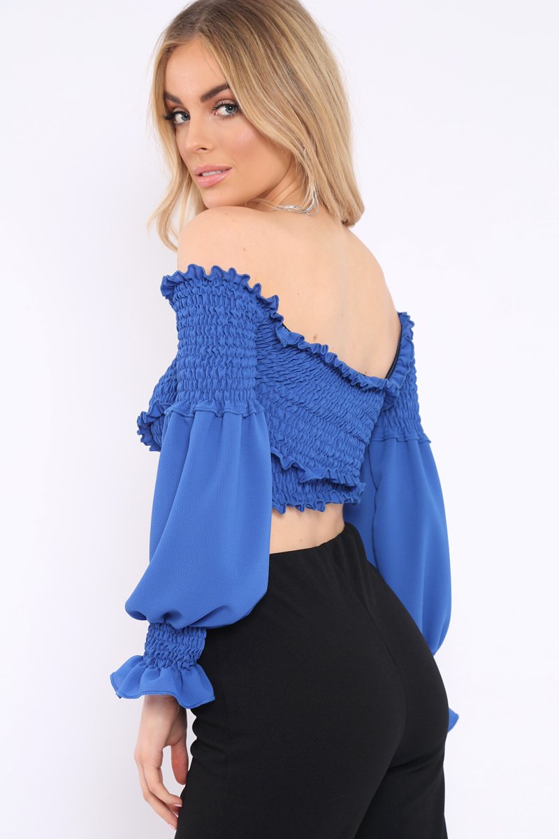 Blue Shirred Wrap Over Bardot Crop Top - Zuri-Crop Tops