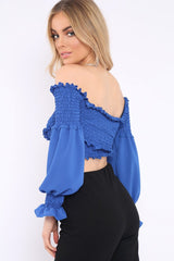 Blue Shirred Wrap Over Bardot Crop Top - Zuri-Crop Tops