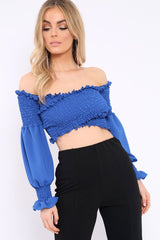 Blue Shirred Wrap Over Bardot Crop Top - Zuri-Crop Tops