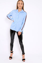 Blue Shirt with Red and Green Contrast Stripe and Pearl Cuffs - Cindey-Shirts