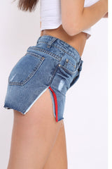 Blue Side Stripe Cut Off Denim Shorts - Jaylei-Shorts