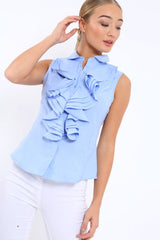 Blue Sleeveless Ruffle Shirt - Samarra-Shirts