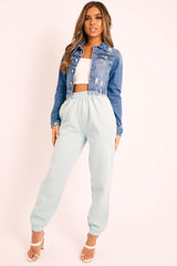 Blue Slim Fit Distressed Cropped Denim Jacket - Ember-Denim Jackets