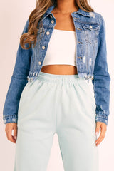 Blue Slim Fit Distressed Cropped Denim Jacket - Ember-Denim Jackets