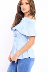 Blue Smock Waist Bardot Frill Top - Madellyn-Tops