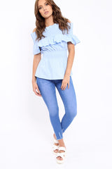 Blue Smock Waist Bardot Frill Top - Madellyn-Tops