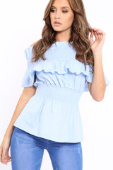 Blue Smock Waist Bardot Frill Top - Madellyn-Tops