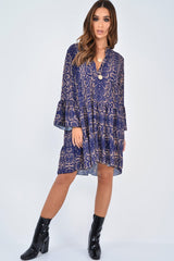 Blue Snake Print Plunge Flute Sleeve Shift Dress - Olesya-Dresses
