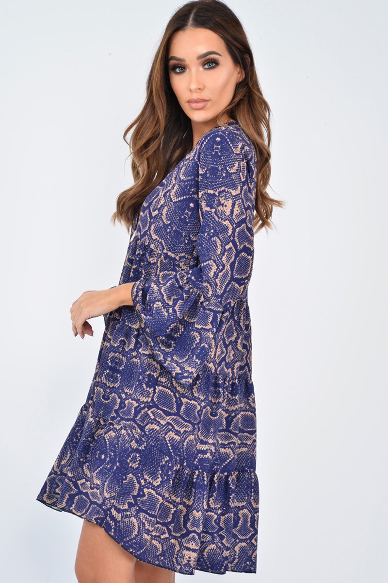 Blue Snake Print Plunge Flute Sleeve Shift Dress - Olesya-Dresses