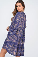 Blue Snake Print Plunge Flute Sleeve Shift Dress - Olesya-Dresses