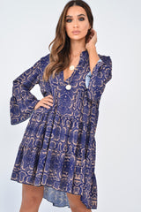 Blue Snake Print Plunge Flute Sleeve Shift Dress - Olesya-Dresses
